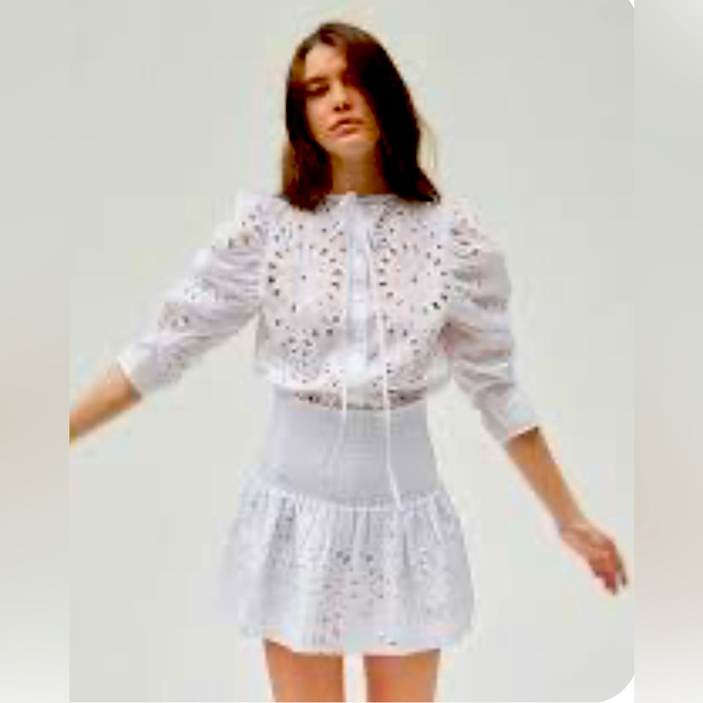 Thakoon White Smocked Eyelet Detail Mini Skirt